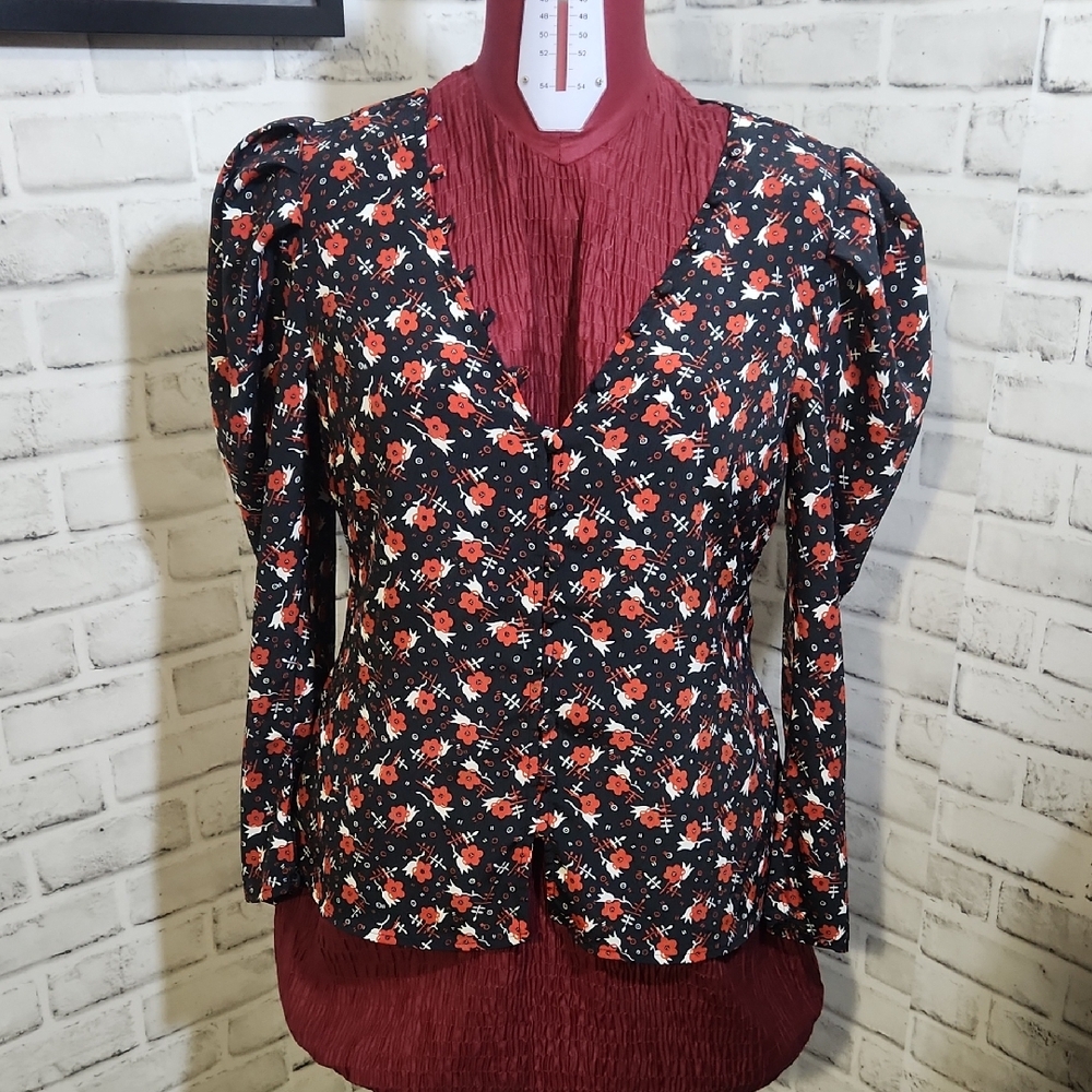 Topshop SZ 4 Black Floral Blouse
